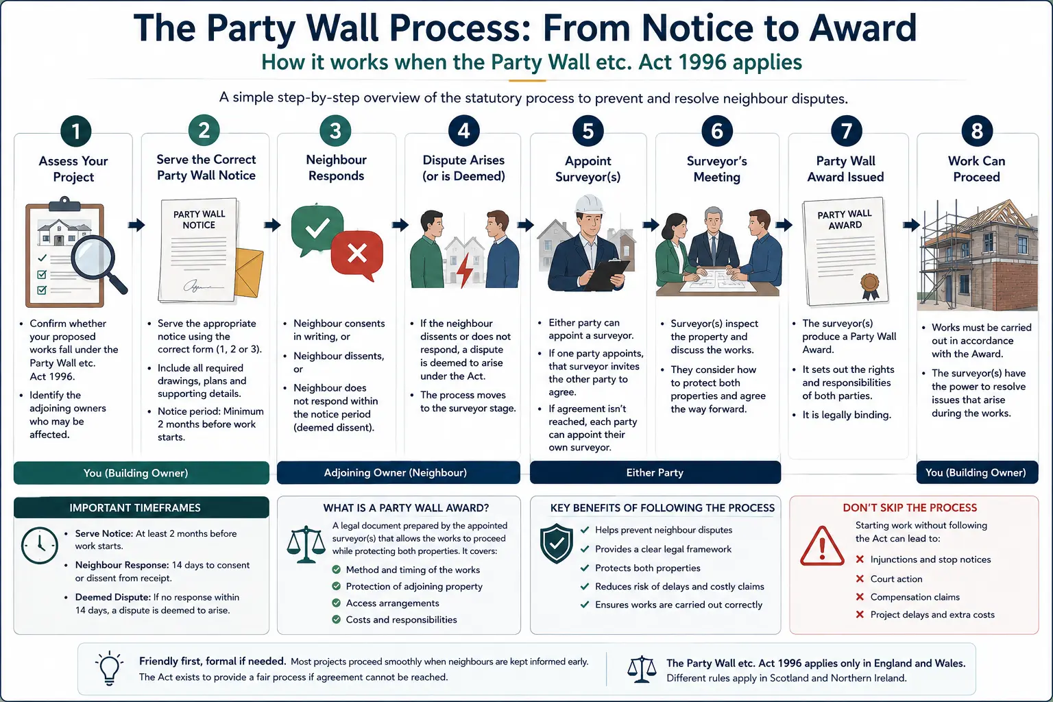 Do I Need a Party Wall Agreement? An infographic showing the party wall process from notice to award in a very interactive way for the citizens living in Brighton, UK