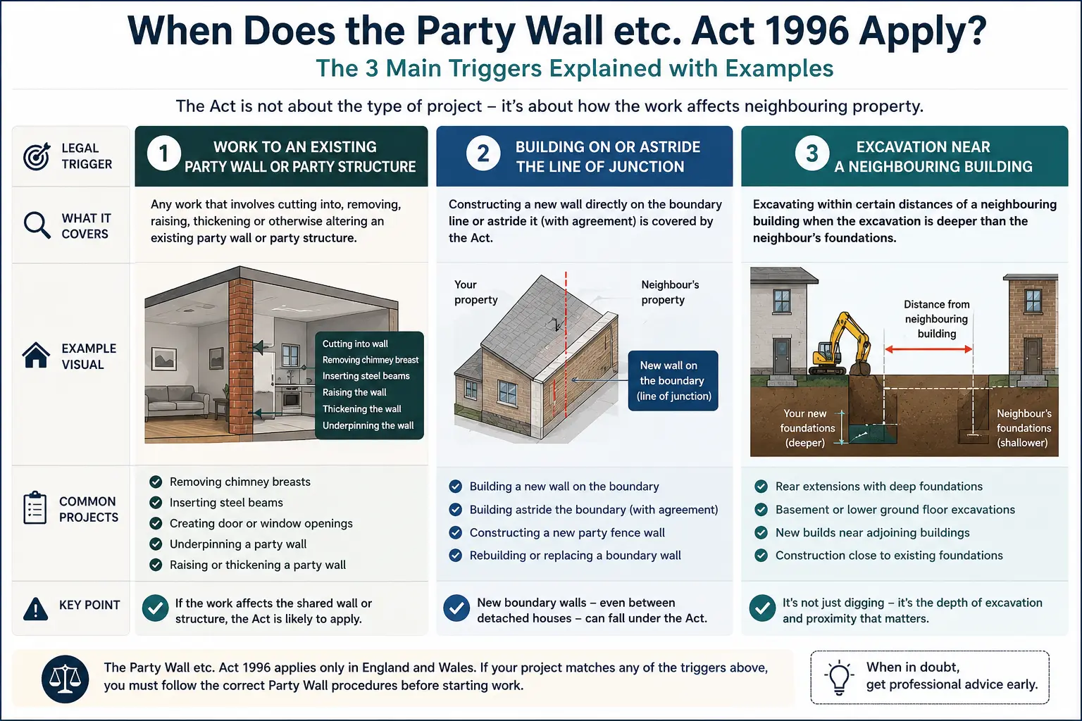Do I Need a Party Wall Agreement? An infographic showing when does the party wall etc act 1996 apply like excavation, junction, painting, in Brighton, UK